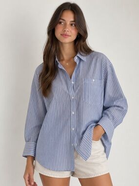 Women’s H&M Light Blue and White Striped Button-Down Shirt